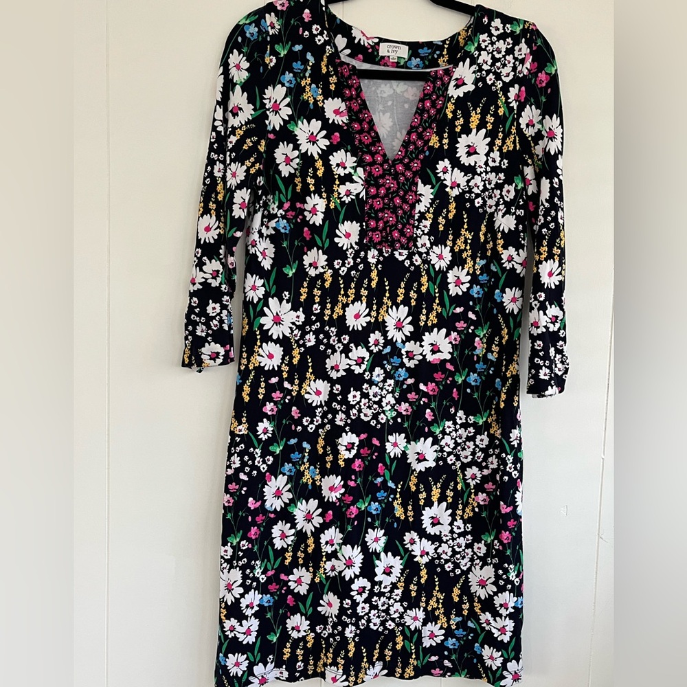 Crown & Ivy Garden Party Sheath Navy Floral Flowers Dress Size Small